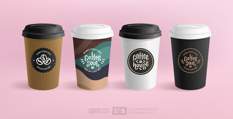 Coffee Soul logo design in paper cup mockup set - vector template. Coffee or Tea beverage paper black and white cups with abstract design