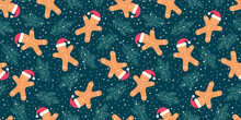 Festive Seamless Pattern Gingerbread Man And Christmas Tree On A Dark Background. Vector Illustration.