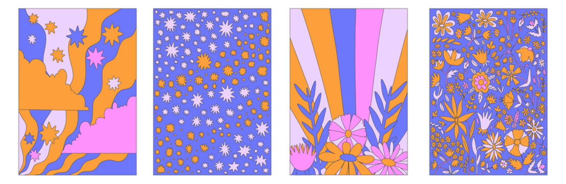 vintage vector interior posters in hippie style.70s and 60s funky and groove postcards.psychedelic p