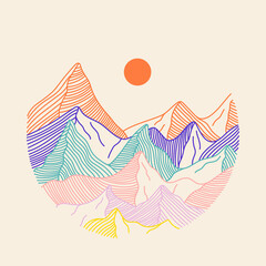 Wall Mural - Abstract line art mountains scenery. Hand drawn colorful landscape with hills silhouette and sun. Boho round vector illustration of sunset