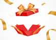 Exploded red gift box with golden ribbon, isolated on white background. Surprise giftbox with empty space, vector illustration.