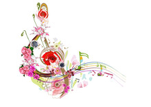 Abstract Treble Clef Decorated With Summer And Spring Flowers, Palm Leaves, Notes, Birds. Hand Drawn Musical Vector Illustration.