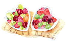 Fruit Salad In Heart Shaped Bowls Watercolor Illustration.
