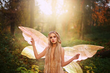 Fantasy Woman Fairy Fashion Model In Fabolous Summer Forest. Girl Elf Goddess Of Nature. Golden Pixie Wings Costume, Sexy Shiny Glow Dress. Cute Face Lady Princess Queen Of Butterfly, Sun Magic Light