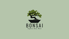 Vintage Bonsai Tree Logo Design Inspiration. Vector Illustration Of Aesthetic Bonsai And Potted Plants. Bonsai Tree From Chinese And Japanese Culture Brand Identity For Hotel Retro Brand Logo.
