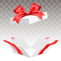 Blasted open white gift box with red ribbon, isolated on transparent background. Surprise giftbox with empty space, vector illustration.