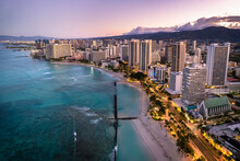 Aerial Cityscape And Waikiki Beach At Sunrise, Honolulu, Oahu, Hawaii, USA
