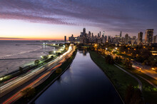 Aerial View Of Cityscape And Lake Michigan At Sunrise, Chicago, Illinois, USA
