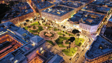 Aerial Drone Night Shot From Illuminated Cassation Court Palace Of Justice, The Highest Supreme Court Of Italy Next To Famous Piazza Cavour, Rome Historic Centre