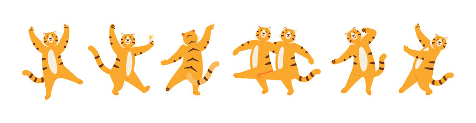 Dancing funny tigers. The symbol of the Chinese new year 2022. Vector illustration