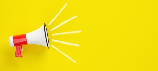 White and red megaphone or bullhorn with white lines over yellow background, business announcement or communication concept, flat lay top view from above