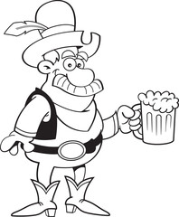 Wall Mural - Black and white illustration of a cowboy with a large mustache holding a mug of beer.