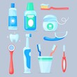 Dental cleaning tools. Cartoon toothbrush mouthwash toothpaste, oral hygiene accessory, electric tooth brush for care health mouth, scraper tongue