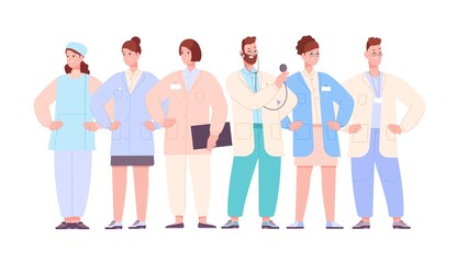 Wall Mural - Medical team characters. Hospital staff, doctor nurse health care workers, group healthcare employees, professional education physician, intern career, splendid vector illustration