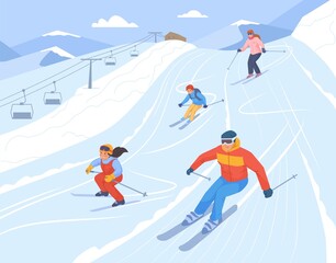 Family at ski resort. Snowboarder on snow slope, winter skiing mountain elevator, kid skier on alpine lift, holiday vacation alps, travel activity sport, swanky vector illustration