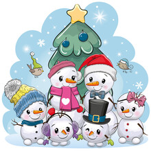 A Family Of Snowmen With Christmas Tree