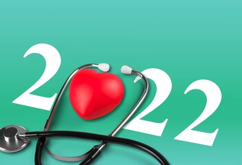 Sticker - 2022 with Red heart with a stethoscope, heart health, health insurance concept,