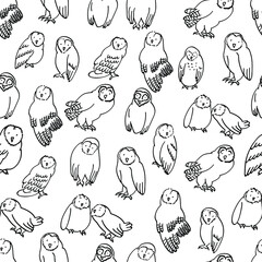 Wall Mural - Doodle owls. birds, characters vector seamless pattern isolated on bright background. Concept for wallpapers, cards, print