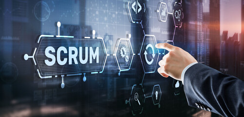 SCRUM. Hand presses the inscription scrum on a virtual panel. Agile development methodology