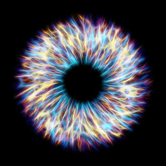 Illustration of a multicolor electrify human iris on black background. Digital artwork creative graphic design.