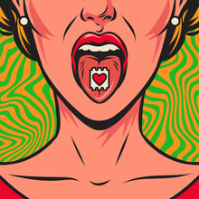 Woman's Face With Open Mouth And Drug Stamp With A Heart On Her Tongue, And Psychedelic Background. Acid Drug. Vector Comic Hand Drawn Retro Illustration. Pop Art Poster.