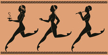 Representative Figures Of Classical Greek Ceramics. Three Girls Running And Dancing, Playing Music And Carrying A Pot