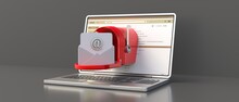 Email Inbox. Red Retro Mailbox Open Out Of A Laptop Screen, Gray Color Background. 3d Illustration