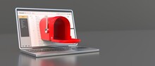 Red Retro Mailbox Open Out Of A Laptop Screen, Gray Color Background. Email Inbox. 3d Illustration