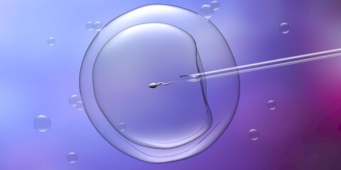 Wall Mural - Artificial insemination, IVF in vitro fertilization. Ovum and needle on blue color. 3d illustration