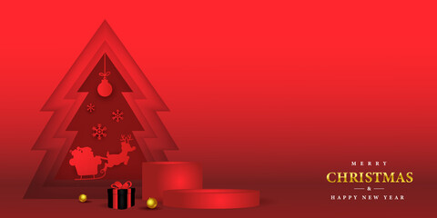 Wall Mural - merry christmas and happy new year banner with paper cut background