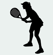 Female Tennis Padel Player Icon Illustration. Paddle Sport Vector Graphic Symbol Clip Art. Sketch Black Sign Young Female Is Padel Tennis Player Jump To The Ball Good Looking For Posts
