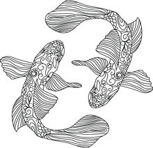 Illustration Of Koi Carp, Coloring Page. Hand Drawn Outline Koi Fish And Japanese Tattoo. Japanese Carp Koi Gold Fish Black And White Vector Illustration