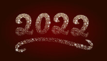 Happy New Year 2022 design template with calligraphic shiny golden text on red background. Greeting card with calligraphy numbers 20-22. Gold glitter effect, sparkles, confetti. Stylish concept
