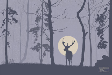 Poster - Lonely deer in misty forest. Animal silhouette. Tree in fog. Wildlife