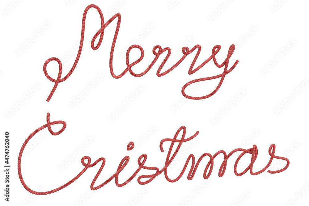 MERRY CHRISTMAS inscription made with multi-stranded rope with red twisted fibers in style without taking your hand off. Festive wish for celebration of Nativity of Christ. 3D illustration, isolated.