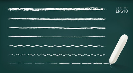 Vector set of horizontal chalk lines with a different thickness. 3d realistic piece of chalk. Detailed borders with a rough grungy texture. Green chalkboard.  Straight, wavy, dashed underline strokes