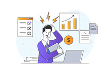 Stressed Young Man. Metaphor Of Employee Who Doesnt Make It To Deadline. Worker Very Busy With Work. Poorly Structured Schedule. Investor, Businessman, Entrepreneur. Cartoon Flat Vector Illustration