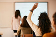 © Drazen - Rear view of high school student raises arm to ask question in classroom.