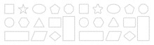 Dash Line Shapes. Dashed Outline Of Circle, Square, Star, Triangle, Oval And Heart For Coupon. Design Of Border For Basic Geometric Shapes. Icon Of Cut Frame. Vector