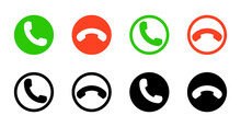 Call Icon In Phone. Button For Answer Or Decline. Green, Red And Black Icons For End Or Accept Of Mobile Call. Symbol Of Incoming And Outgoing. Vector