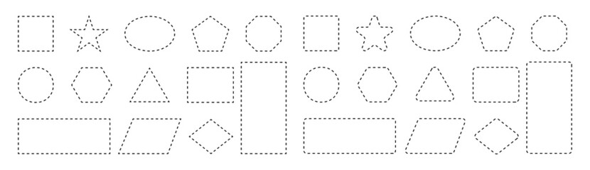 Dash line shapes. Dashed outline of circle, square, star, triangle, oval and heart for coupon. Design of border for basic geometric shapes. Icon of cut frame. Vector