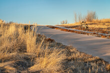 Touring Bicycle On A Bike Trail Connecting Loveland And Fort Collins In Northern Colorado In Late Fall Scenery, Recreation And Commuting Concept