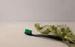 One wet black toothbrush with turquoise bristle and camomile flowers on neutral background on table. Dental hygiene concept with place for text. Natural remedy for teeth.