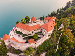 Wall Mural - Aerial view of Lake Bled and the castle of Bled, Slovenia, Europe. Aerial drone photography.