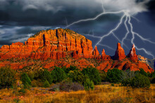 Lightning Storm Over The Coconino Mational Mountains, Sedona, Arizona Landscape.