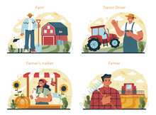 Farmer Concept Set. Farm Worker Growing Plants And Feeding Animals.
