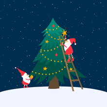 Christmas Tree Decorated With Gnomes On Winter Landscape. Christmas Gnome On The Stairs. Vector Image