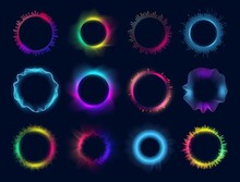 Neon Circles Of Sound Wave And Audio Equalizer, Vector Round Glow Of Music And Voice Assistant. Voice Recognition App Soundwave Signs, Digital Communication And Soundwave Virtual Controls