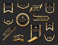 Luxury, VIP, Premium Golden Labels, Ribbons, Badges And Stickers. Gold And Black Isolated Vector Signs Of Exclusive Quality Products With Royal Crowns, Stars And Glossy Metal Frame Borders