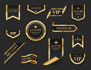luxury, vip, premium golden labels, ribbons, badges and stickers. gold and black isolated vector sig